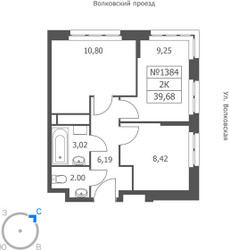 Планировка двухкомнатной(апартаменты) площадью 39.68 квадратных метров в ЖК “ЖК Волковская 67”