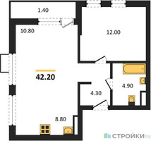 Планировка однокомнатной(квартира) площадью 42.2 квадратных метров в “ЖК Южные сады”