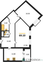 Планировка двухкомнатной(квартира) площадью 69.1 квадратных метров в “ЖК Римский”