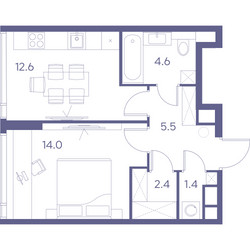 Планировка однокомнатной(квартира) площадью 40.5 квадратных метров в ЖК “ЖК THE LOT by Akvilon”