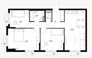 Планировка трехкомнатной(квартира) площадью 88.4 квадратных метров в “ЖК Восточное Бутово”
