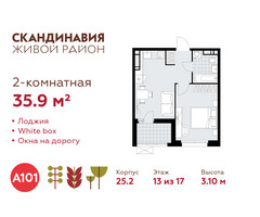Планировка двухкомнатной(квартира) площадью 35.9 квадратных метров в “ЖК Скандинавия”