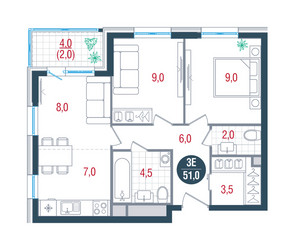 Планировка трехкомнатной(квартира) площадью 51 квадратных метров в ЖК “ЖК РУСИЧ-Кантемировский”