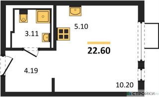 Планировка студии(квартира) площадью 22.6 квадратных метров в “ЖК Горки Парк”