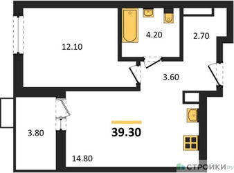 Планировка однокомнатной(квартира) площадью 39.3 квадратных метров в ЖК “ЖК Прокшино”