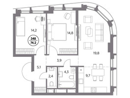 Планировка двухкомнатной(квартира) площадью 74.2 квадратных метров в “ЖК Дом 56”