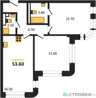 Планировка двухкомнатной(квартира) площадью 53.6 квадратных метров в “ЖК МАРК”