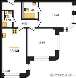 Планировка двухкомнатной(квартира) площадью 53.6 квадратных метров в ЖК “ЖК МАРК”