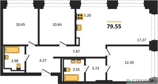 Планировка трехкомнатной(квартира) площадью 79.55 квадратных метров в “ЖК NOVA (Нова)”