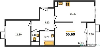 Планировка двухкомнатной(квартира) площадью 55.6 квадратных метров в “ЖК ЮЖНАЯ БИТЦА”