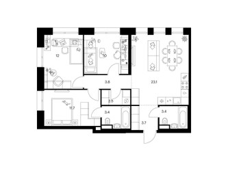 Планировка трехкомнатной(квартира) площадью 73.6 квадратных метров в ЖК “ЖК Строгино 360”