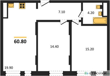 Планировка двухкомнатной(квартира) площадью 60.8 квадратных метров в ЖК “ЖК Переделкино Ближнее”