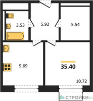Планировка однокомнатной(квартира) площадью 35.4 квадратных метров в “ЖК Квартал Марьино”