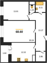 Планировка двухкомнатной(квартира) площадью 68.6 квадратных метров в ЖК “ЖК Эдельвейс (Первомайское)”