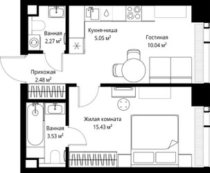 Планировка однокомнатной(квартира) площадью 38.8 квадратных метров в ЖК “ЖК Веер”