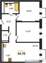 Планировка двухкомнатной(квартира) площадью 54.7 квадратных метров в “ЖК Квартал Строгино”