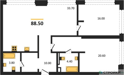Планировка двухкомнатной(квартира) площадью 88.5 квадратных метров в ЖК “ЖК СТОУН Грэйн”