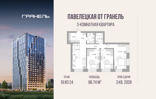Планировка трехкомнатной(квартира) площадью 88.74 квадратных метров в “ЖК Павелецкая от Гранель”