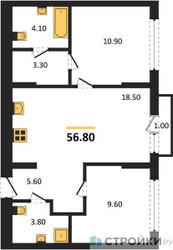 Планировка двухкомнатной(квартира) площадью 56.8 квадратных метров в ЖК “ЖК Первый квартал”