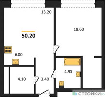 Планировка однокомнатной(квартира) площадью 50.2 квадратных метров в “ЖК Монблан”