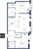 Планировка трехкомнатной(квартира) площадью 77.8 квадратных метров в “ЖК КИНОКВАРТАЛ”