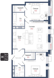Планировка трехкомнатной(квартира) площадью 77.8 квадратных метров в ЖК “ЖК КИНОКВАРТАЛ”