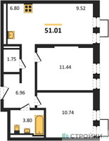 Планировка двухкомнатной(квартира) площадью 51.01 квадратных метров в “ЖК Квартал Строгино”