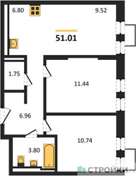 Планировка двухкомнатной(квартира) площадью 51.01 квадратных метров в ЖК “ЖК Квартал Строгино”