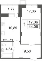 Планировка однокомнатной(квартира) площадью 44.1 квадратных метров в “ЖК Времена года”