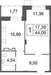 Планировка однокомнатной(квартира) площадью 44.1 квадратных метров в ЖК “ЖК Времена года”