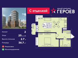 Планировка двухкомнатной(квартира) площадью 36.7 квадратных метров в “ЖК Героев”