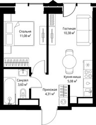 Планировка однокомнатной(квартира) площадью 34.45 квадратных метров в ЖК “ЖК Джойс”