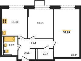 Планировка двухкомнатной(квартира) площадью 52.89 квадратных метров в “ЖК Квартал Сабурово”