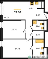 Планировка двухкомнатной(квартира) площадью 59.7 квадратных метров в “ЖК Self (Селф)”