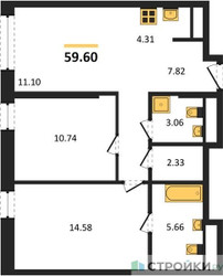 Планировка двухкомнатной(квартира) площадью 59.7 квадратных метров в ЖК “ЖК Self (Селф)”