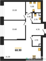 Планировка двухкомнатной(квартира) площадью 68.9 квадратных метров в “ЖК Shagal (Шагал)”