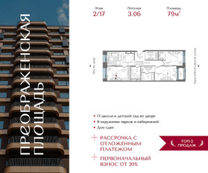 Планировка трехкомнатной(квартира) площадью 79 квадратных метров в ЖК “ЖК Преображенская Площадь”