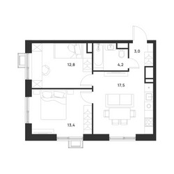 Планировка двухкомнатной(квартира) площадью 50.9 квадратных метров в ЖК “ЖК Форевиль”