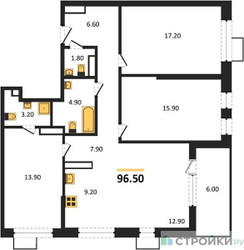 Планировка трехкомнатной(квартира) площадью 96.5 квадратных метров в ЖК “ЖК Бунинские кварталы”