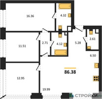 Планировка трехкомнатной(квартира) площадью 86.38 квадратных метров в “ЖК TATE (Тэйт)”