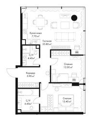 Планировка двухкомнатной(квартира) площадью 77.6 квадратных метров в ЖК “ЖК Слава”