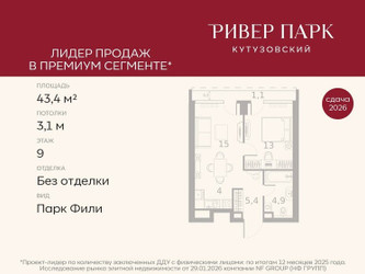 Планировка однокомнатной(квартира) площадью 43.4 квадратных метров в ЖК “ЖК Ривер Парк Кутузовский”