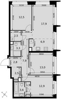 Планировка 4+ комнатной(квартира) площадью 87.7 квадратных метров в “ЖК Амбер Сити”