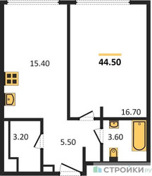 Планировка однокомнатной(квартира) площадью 44.5 квадратных метров в ЖК “ЖК Sydney City (Сидней Сити)”