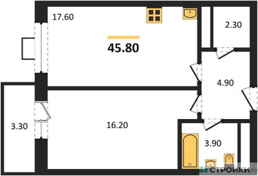 Планировка однокомнатной(квартира) площадью 44.6 квадратных метров в ЖК “ЖК Идеал”