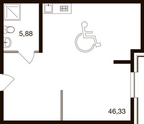 Планировка однокомнатной(апартаменты) площадью 52 квадратных метров в ЖК “ЖК М1 Сколково”
