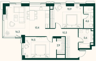 Планировка двухкомнатной(квартира) площадью 84.7 квадратных метров в “ЖК Клубный город на реке Primavera (Примавера)”