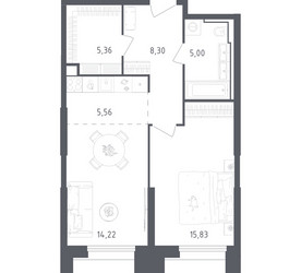 Планировка однокомнатной(апартаменты) площадью 54.27 квадратных метров в ЖК “ЖК Скай Спутник”