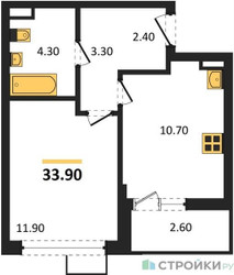 Планировка однокомнатной(квартира) площадью 33.9 квадратных метров в ЖК “ЖК Прокшино”