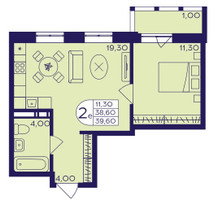 Планировка двухкомнатной(квартира) площадью 39.6 квадратных метров в “ЖК Героев”